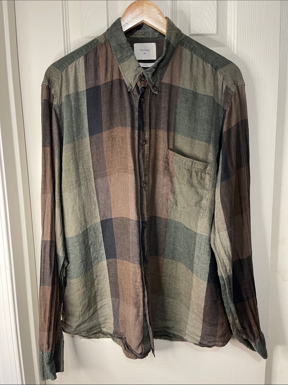Billy Reid Standard Fit 100% Linen Made in Italy Plaid Brown Button Up Shirt XL